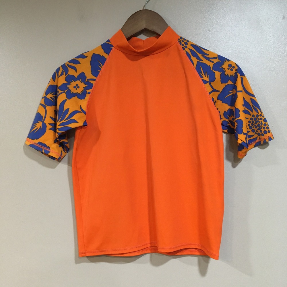 Lands End Short Sleeve Rashguard Boys M Orange Tropical Hawaii Beach Swim Shirt